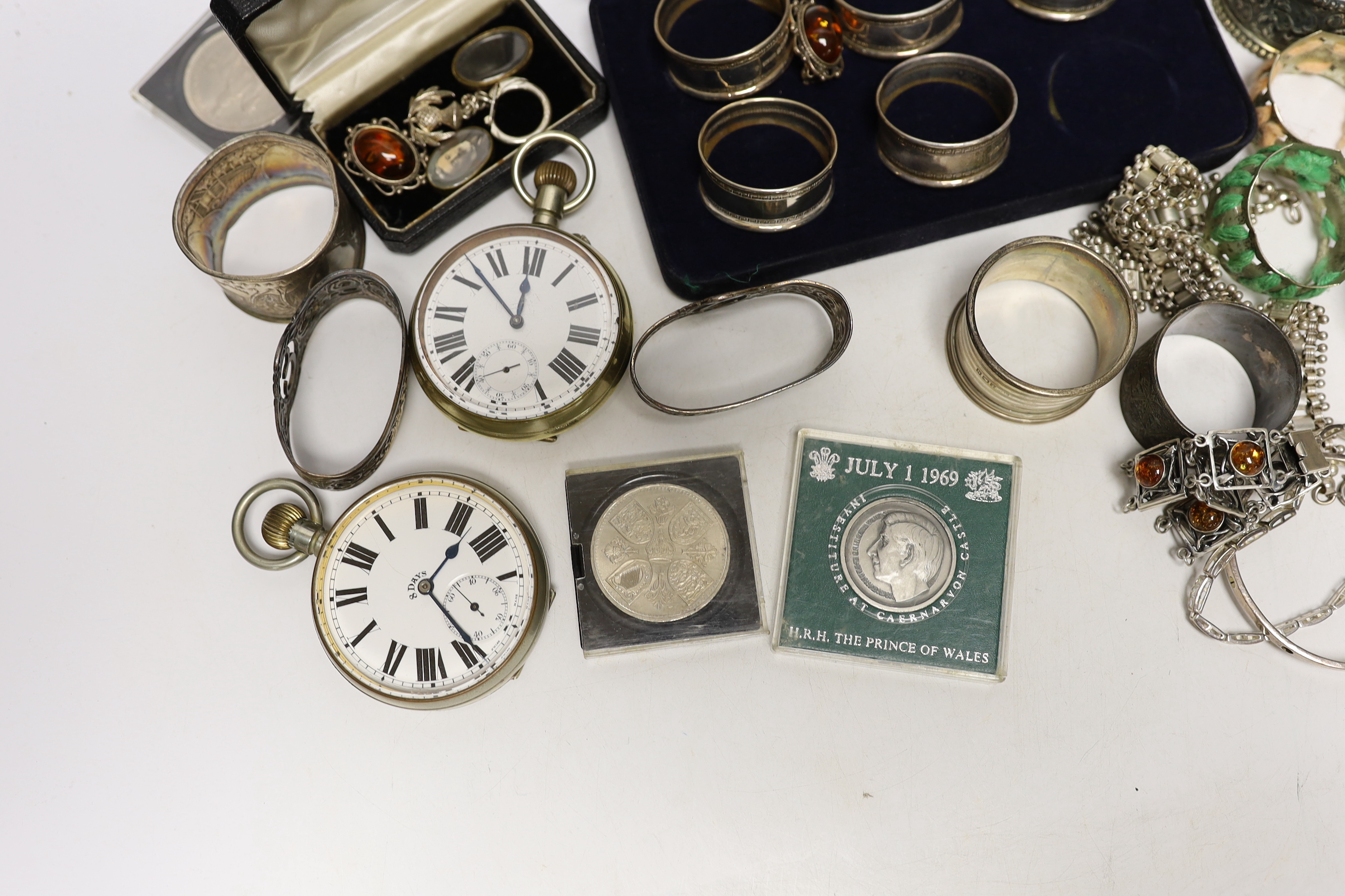 Sundry, silver, plated items, jewellery, commemorative coins and pocket watches including napkin rings, ashtray, necklace etc.